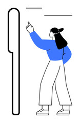 Woman pointing at horizontal options on a vertical menu, wearing modern casual attire. Ideal for user interface, decision-making, digital navigation, choice, technology, minimal aesthetic, flat