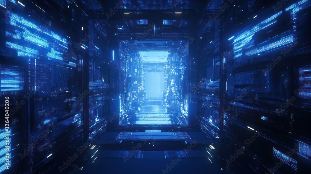 Poster futuristic tunnel with blue light grid pattern in a perspective view