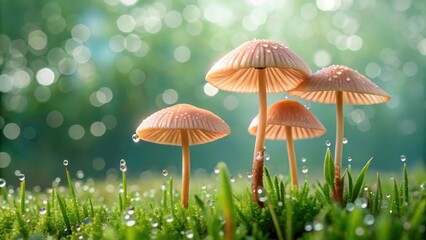Fototapeta premium Delicate mushrooms with dew drops, nestled in vibrant green moss, bathed in soft sunlight