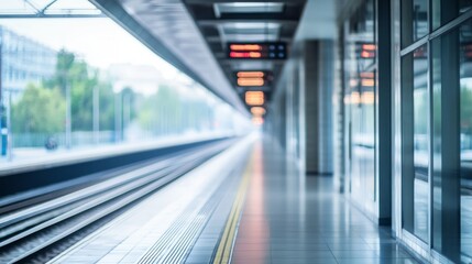 Modern train station interior with soft lighting and an empty platform, evoking a sense of calm and anticipation.

