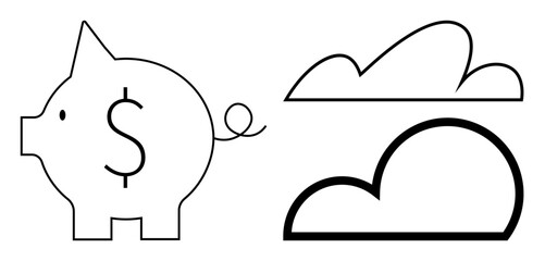 Piggy bank with dollar sign signifies saving and economy, accompanied by two cloud illustrations suggesting storage, data, or dreams. Ideal for finance, economy, savings, investment, technology