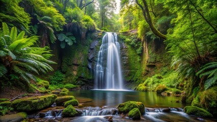Obraz premium waterfall in forest surrounded by tall trees with lush greenery and ferns, serenity, green, serenity,green,calm