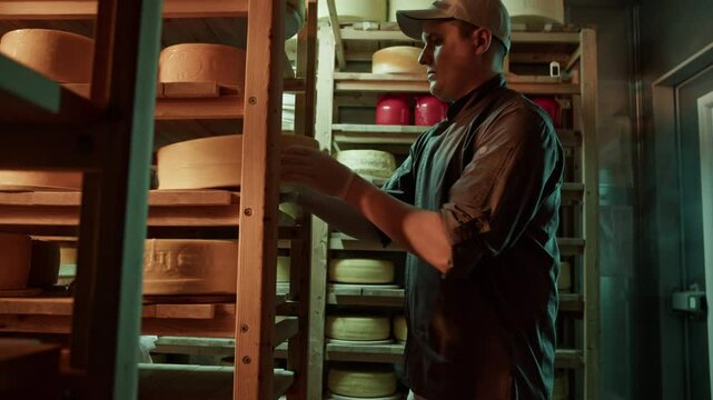 Man in cap flipping over old cheese in storage room
