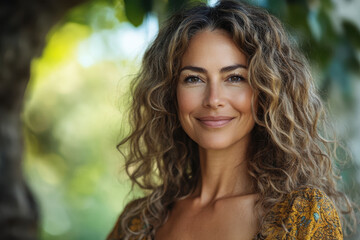 Fototapeta premium Woman with long hair in yellow dress standing in a sunlit field, with a bouquet of wildflowers in her hand, smiling brightly at the camera.