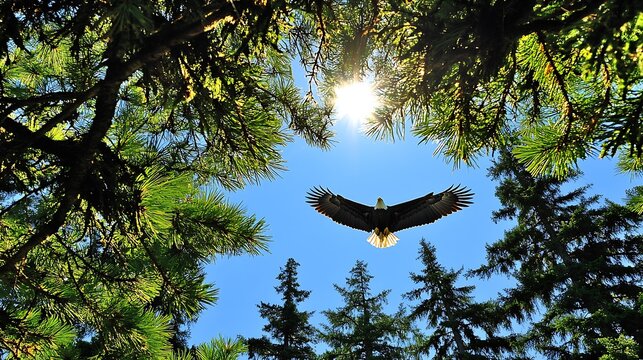 Eagle soaring through sunlit forest canopy.