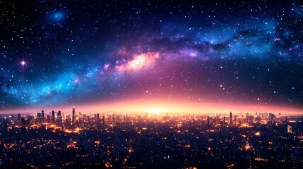 Night city skyline with vibrant Milky Way galaxy above.