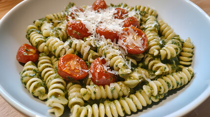 A spinach and roasted tomato pasta with garlic and parmesan cheese.