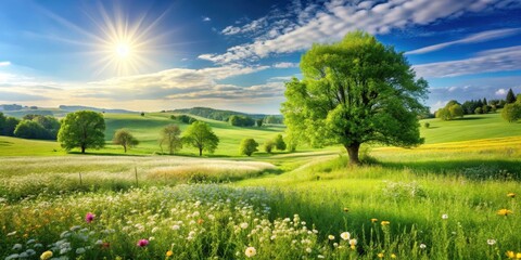 Fototapeta premium A serene landscape of a sunny day in the countryside with green fields, featuring wildflowers and trees swaying gently in the breeze , green fields, countryside