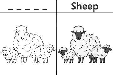 Sheep coloring pages for kids and learn to recognize letters, animal recognition card media for various games in early childhood learning