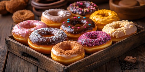 Assorted Donuts on Wooden Tray Delicious Variety of Flavors