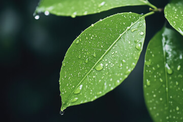 Fototapeta premium Rain gently falling on vibrant green leaf with cinematic lighting effects