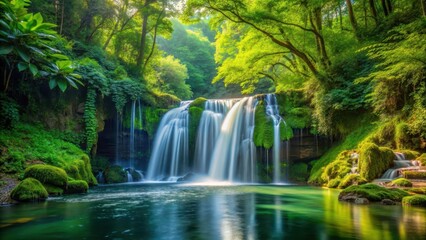 Obraz premium waterfall surrounded by lush greenery in the woods, serene atmosphere