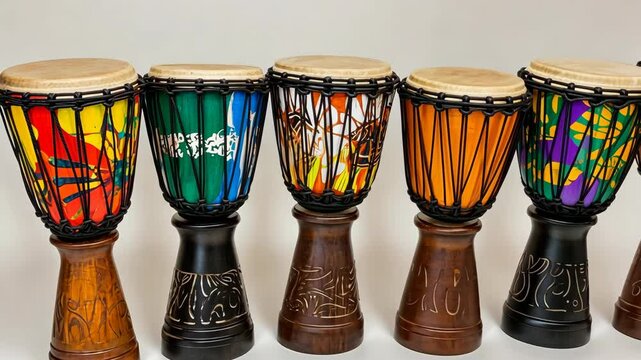 Colorful hand drums arranged in a row showcasing traditional craftsmanship and artistic designs