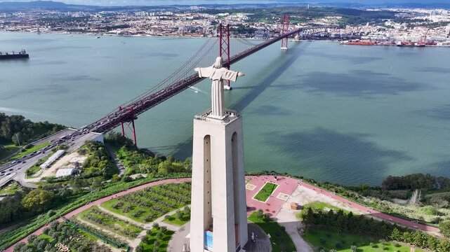 King Christ At Almada District Of Lisbon Portugal. Birds Eye View Of Stunning Cityscape With Streets And Buildings. Industry Skyline Crowded Stunning. Crowded Architecture Business.