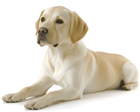 A beautiful light colored labrador retriever laying down attentively looking left