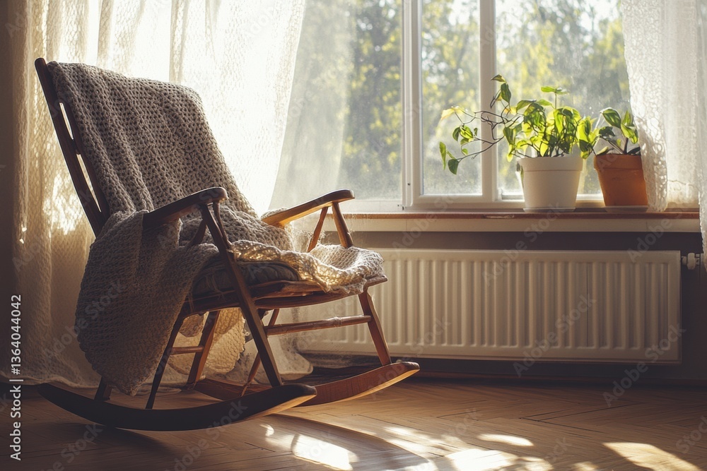 Poster rocking chair bathed in warm morning light, creating a nostalgic atmosphere next to a large window w
