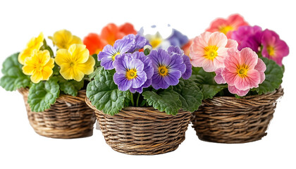 Primroses in Baskets, Yellow, Purple, Pink, Orange Blossoms, Green Leaves on Transparent