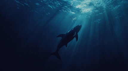 Fototapeta premium megalodon, shark, swimming, ocean, deep, water, marine, predator, wildlife, aquatic, nature, silhouette, streamlined, graceful, contrast, sea, animal, prehistoric, powerful, hunting, ecosystem, biolog