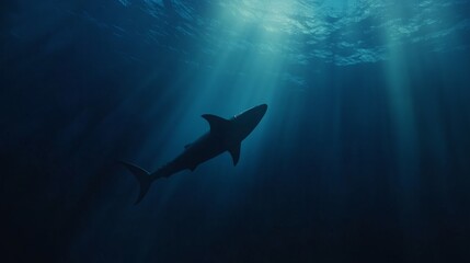 Obraz premium megalodon, shark, swimming, ocean, deep, water, marine, predator, wildlife, aquatic, nature, silhouette, streamlined, graceful, contrast, sea, animal, prehistoric, powerful, hunting, ecosystem, biolog