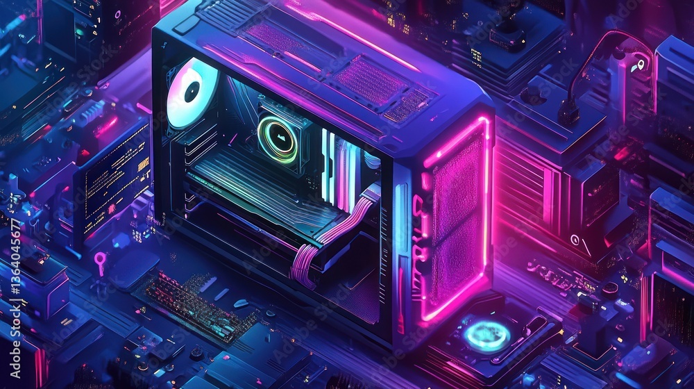 Poster isometric view of a vibrant computer system, with neon lights and visible components showcasing tech