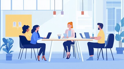 Diverse team collaborating at a modern office space, fostering teamwork and innovation