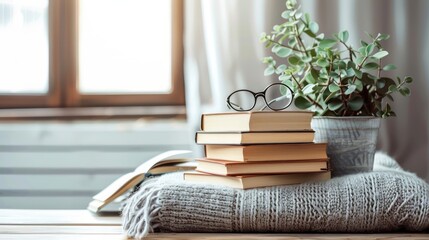 A coffee table with a stack of books, reading glasses, and a potted plant, creating a cozy reading nook in a living room.