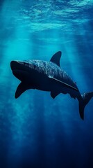 Fototapeta premium megalodon, shark, swimming, ocean, deep, water, marine, predator, wildlife, aquatic, nature, silhouette, streamlined, graceful, contrast, sea, animal, prehistoric, powerful, hunting, ecosystem, biolog