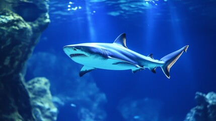 Fototapeta premium megalodon, shark, swimming, ocean, deep, water, marine, predator, wildlife, aquatic, nature, silhouette, streamlined, graceful, contrast, sea, animal, prehistoric, powerful, hunting, ecosystem, biolog