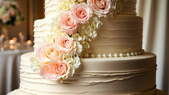 Elegant wedding cake adorned with pink roses and cream flowers at a celebration venue