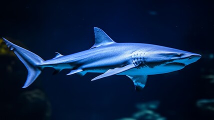 Naklejka premium Sleek megalodon glides through deep waters, contrasting with a bulky silhouette in the background, embodying elegance and power. 