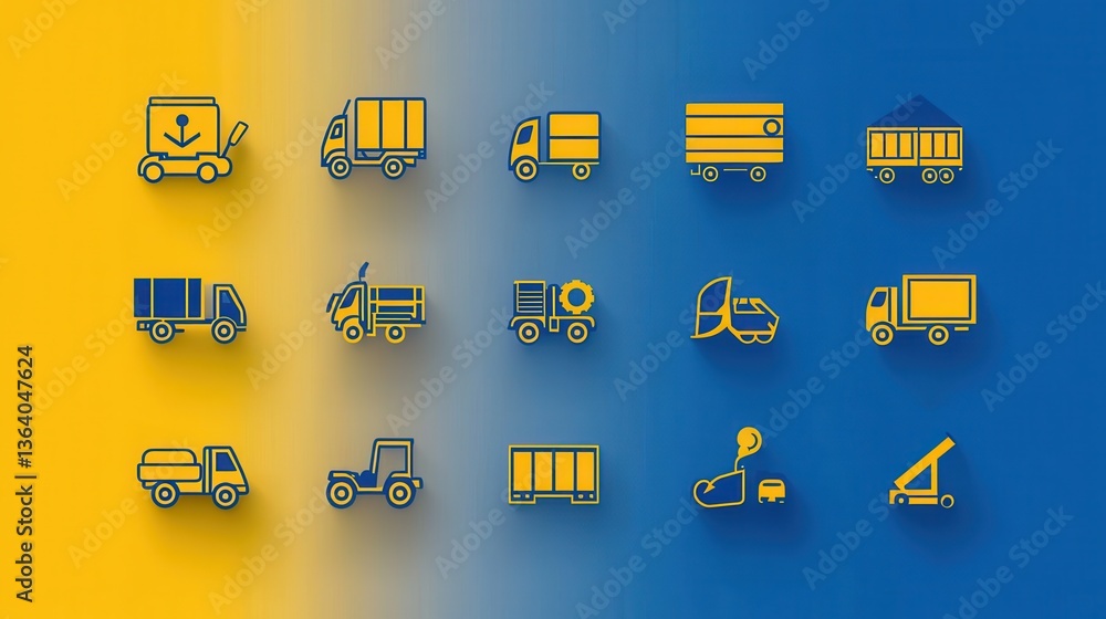 Poster a set of simple flat icons representing various elements of transportation and logistics such as tru