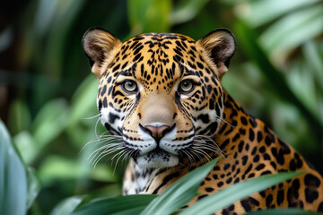 Jaguar in the Jungle with Intense Gaze and Spotted Fur