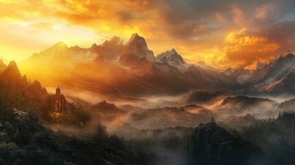 Majestic Mountain Range Landscape at Golden Hour with Misty Valley
