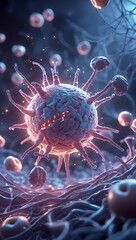 Microscopic view of a virus or cell, detailed structure and environment