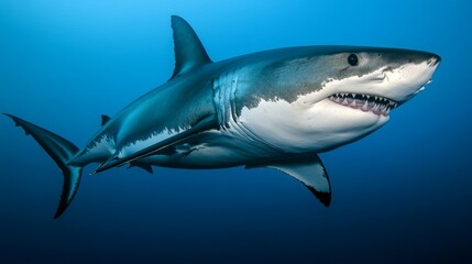 Sleek megalodon glides through deep waters, contrasting with a bulky silhouette in the background, embodying elegance and power.
