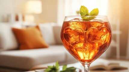 Haute couture Valentine's aperitif in gold-rimmed glass with fractal heart ice sculpture, staged on voice-activated coffee table with zero-gravity sofa bokeh, ultimate template for luxury perfume laun