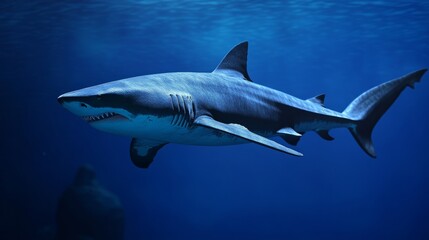 Fototapeta premium Sleek megalodon glides through deep waters, contrasting with a bulky silhouette in the background, embodying elegance and power. 
