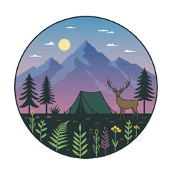 Camping under the mountains with a deer and tent