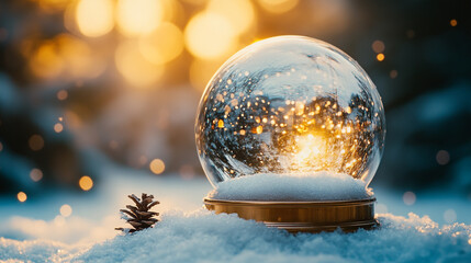 A snow globe with a golden base sitting in snow next to a pine cone with a blurred light background.