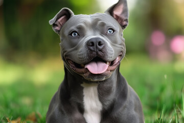Fototapeta premium Happy pitbull dog smiling on green grass