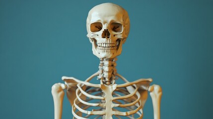 A human skeleton displayed with a frontal view on a blue background