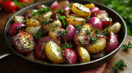 Photo of a skillet filled with roasted vegetables and herbs on a rustic wooden table,