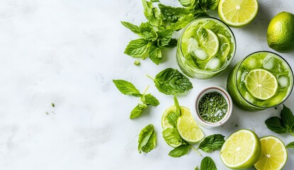 Obraz premium Refreshing Green Mint Lemonade with Fresh Ingredients on a Light Background Perfect for Summer Drinks and Healthy Lifestyle Promotions