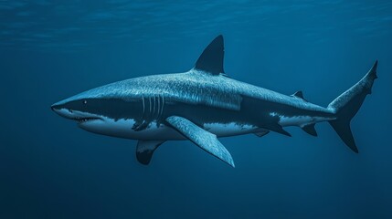 Fototapeta premium Sleek megalodon glides through deep waters, contrasting with a bulky silhouette in the background, embodying elegance and power. 