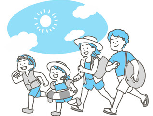 水着姿の夏の家族と青空のイラスト

