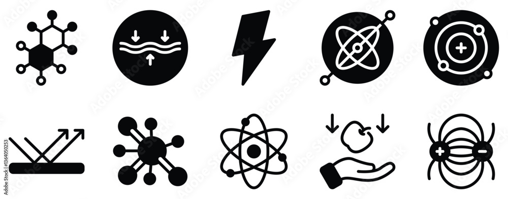 Poster physics icon set solid style collection representing scientific concepts and principles suitable for