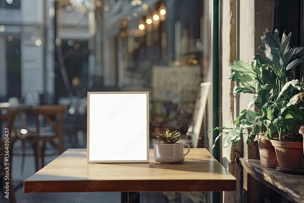 Aufkleber mockup empty white label menu frame on table with cafe restaurant window