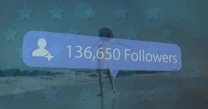 Dancing on beach, person with animation of 136,650 followers over stars background