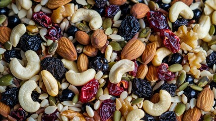 A close-up of a trail mix with a variety of nuts, seeds, and dried berries.