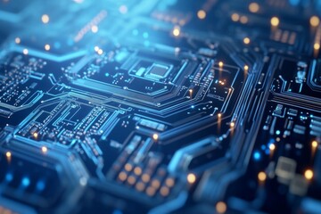 電気回路基板の詳細なクローズアップと青い光のコントラストが美しい